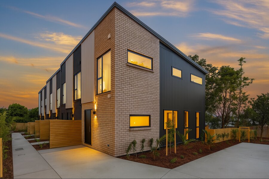 Brick and aluminium-clad townhouse corner detail